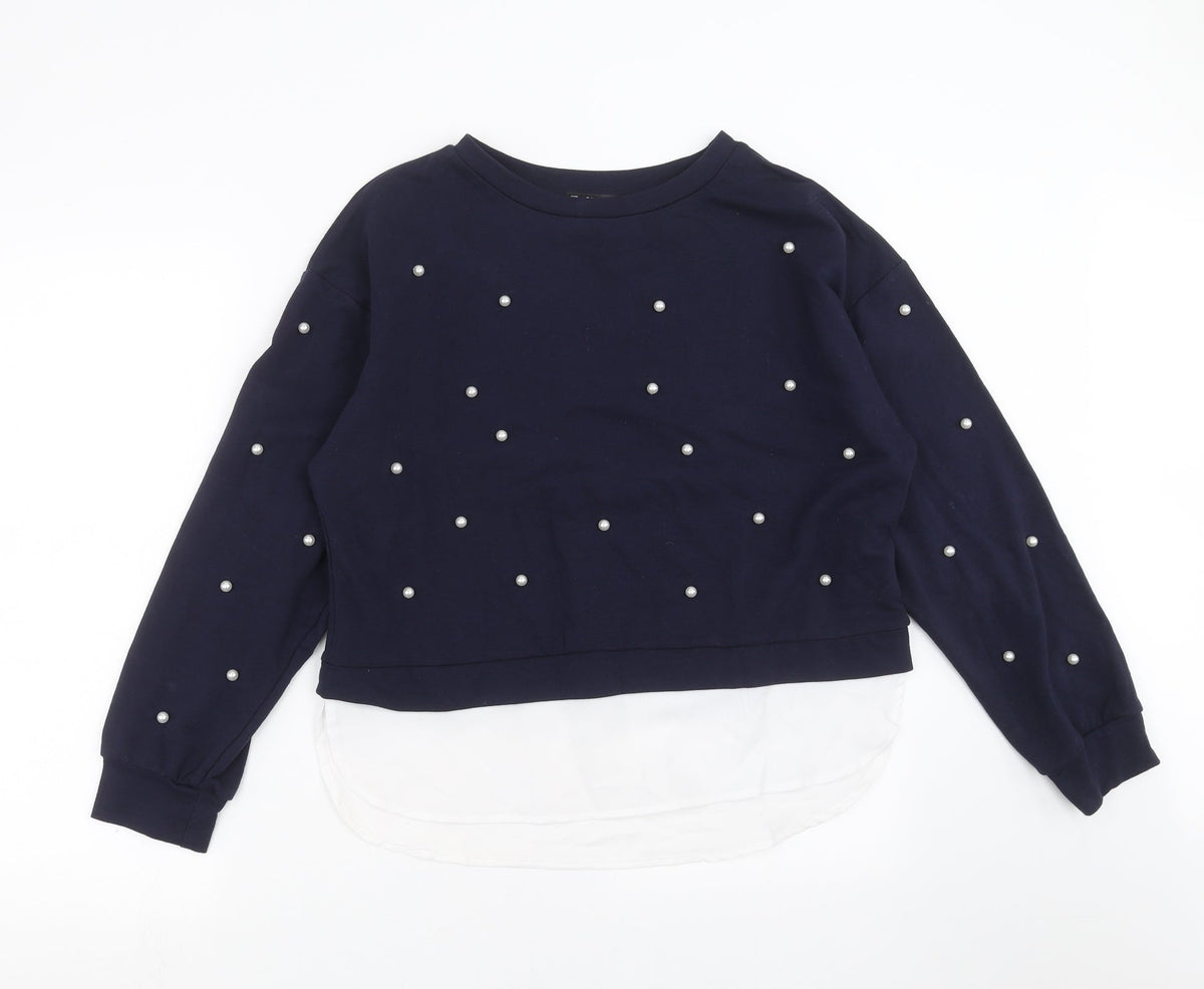 Additional front view of SHEIN women’s blue pullover sweatshirt, size L, - beaded