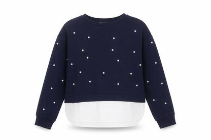 Front view of SHEIN women’s blue pullover sweatshirt, size L, - beaded