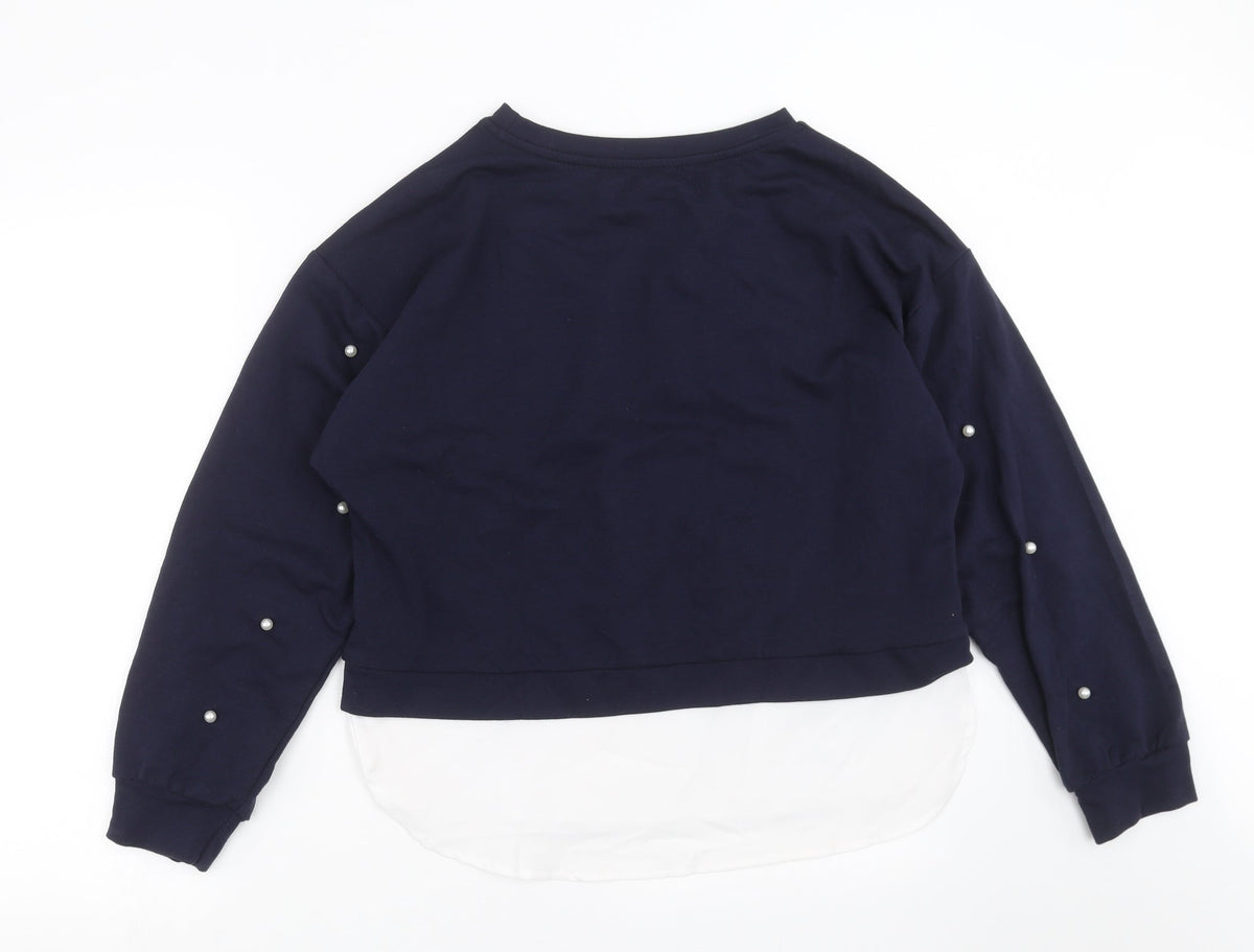 Back view of SHEIN women’s blue pullover sweatshirt, size L, - beaded
