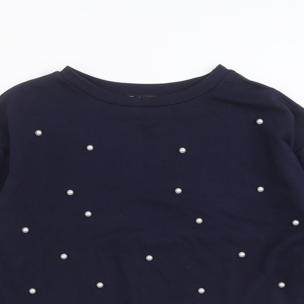 Close-up detail of SHEIN women’s blue pullover sweatshirt, size L, - beaded