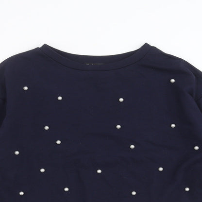Close-up detail of SHEIN women’s blue pullover sweatshirt, size L, - beaded