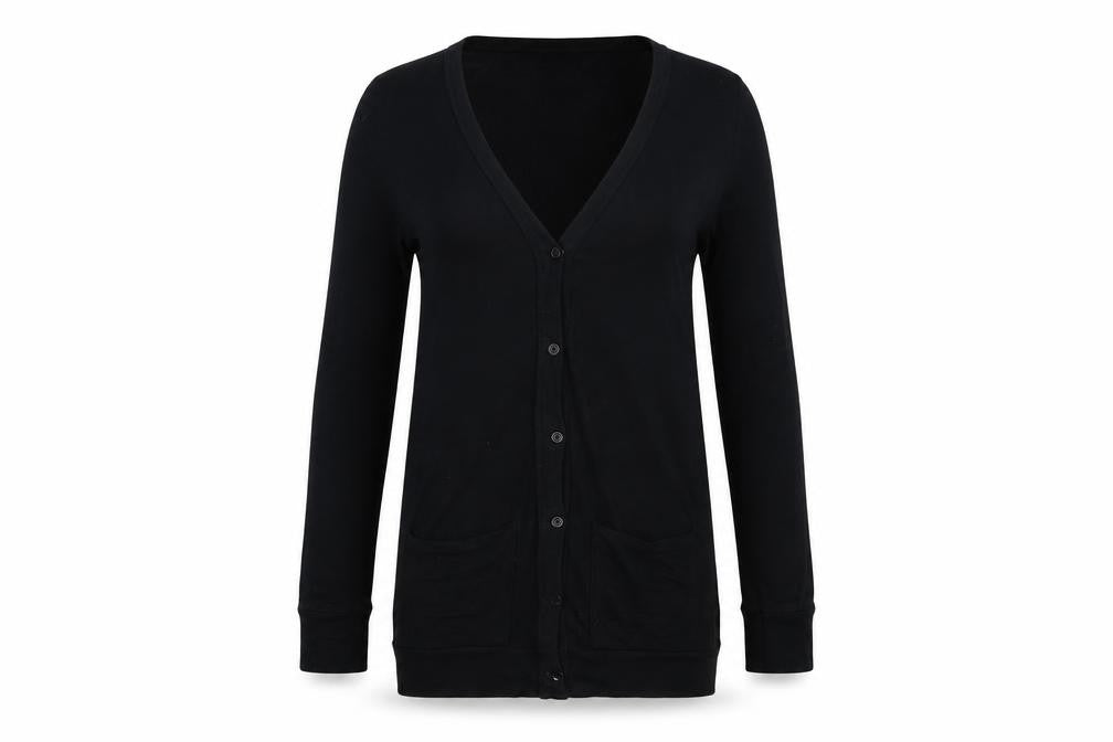 Front view of NA-KD Eyes women’s black cardigan jumper, size M