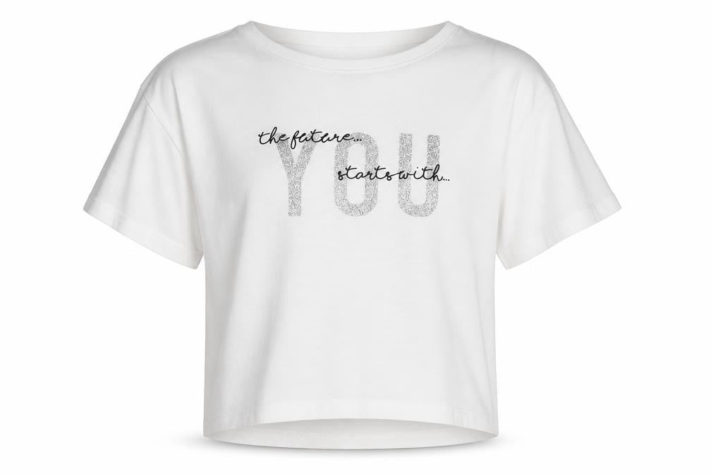 Front view of Miss E-vie girls’ white cropped t-shirt, size 13-14, years - the future starts with you