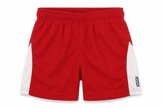 Front view of LK FC boys’ red sweat shorts, size 2, years