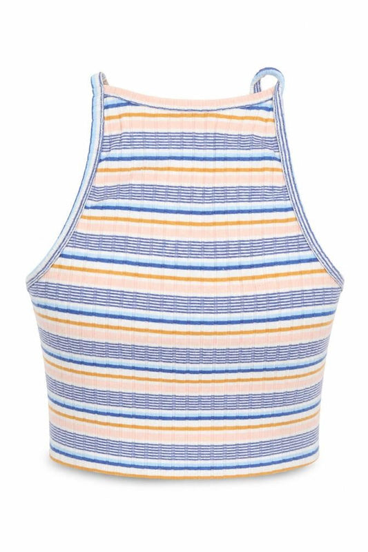 Front view of New Look women’s blue striped cropped tank, size UK 6