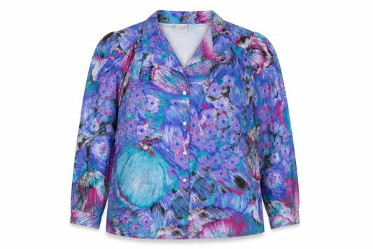Front view of Classics Woman women’s blue floral basic button-up, size UK 20