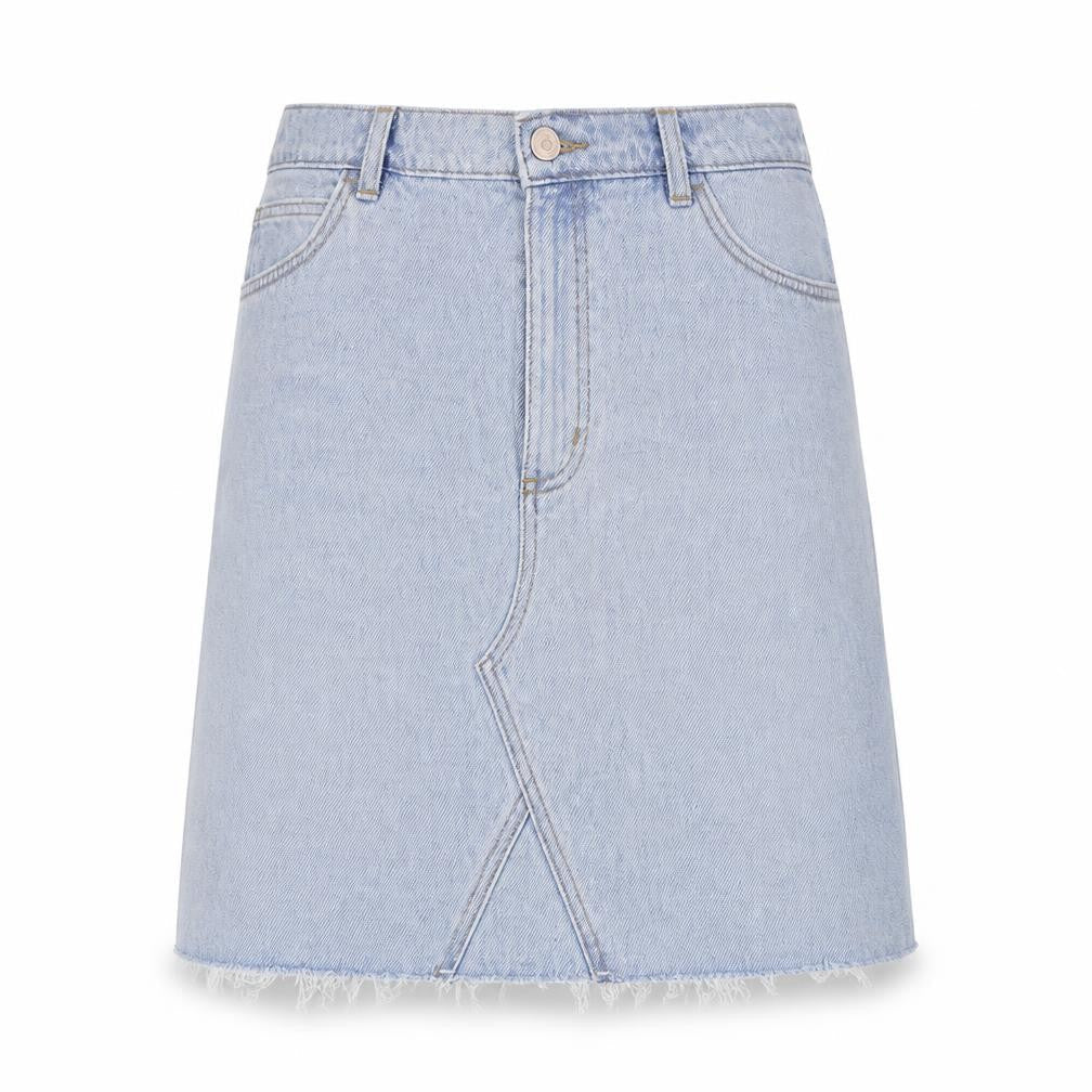 Front view of Preworn women’s blue a-line skirt, size UK 30, in