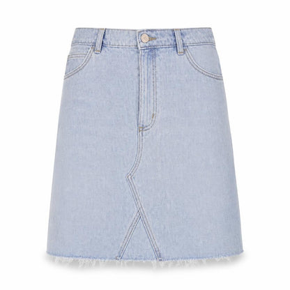 Front view of Preworn women’s blue a-line skirt, size UK 30, in
