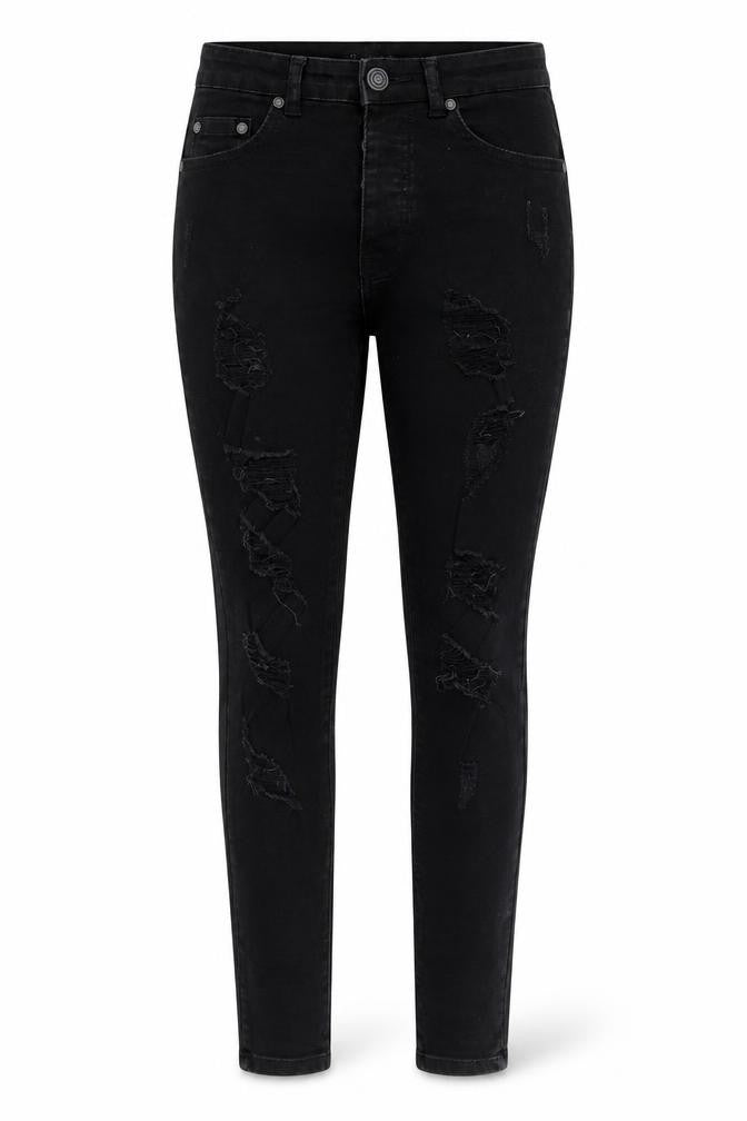 Front view of Boohoo women’s black skinny jeans, size UK 32, in, 27-inch leg