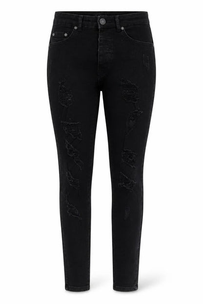 Front view of Boohoo women’s black skinny jeans, size UK 32, in, 27-inch leg