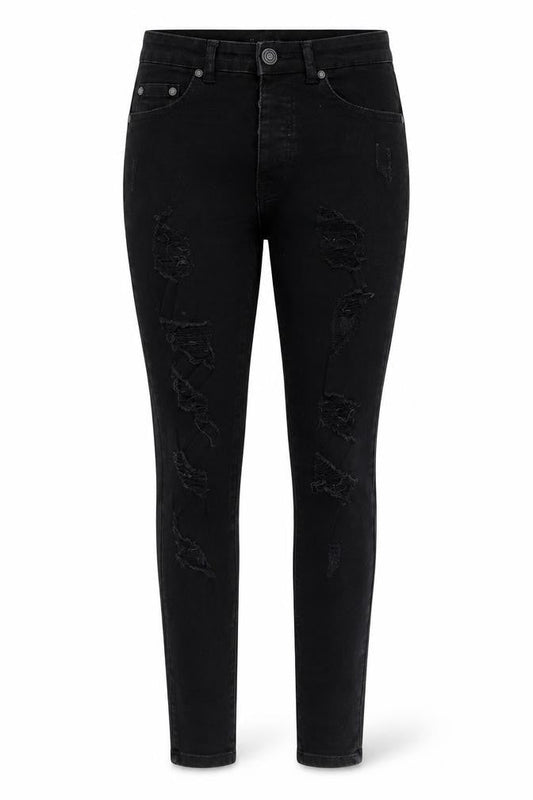 Front view of Boohoo women’s black skinny jeans, size UK 32, in, 27-inch leg