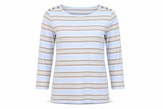 Front view of Country Casuals women’s blue striped basic t-shirt, size S