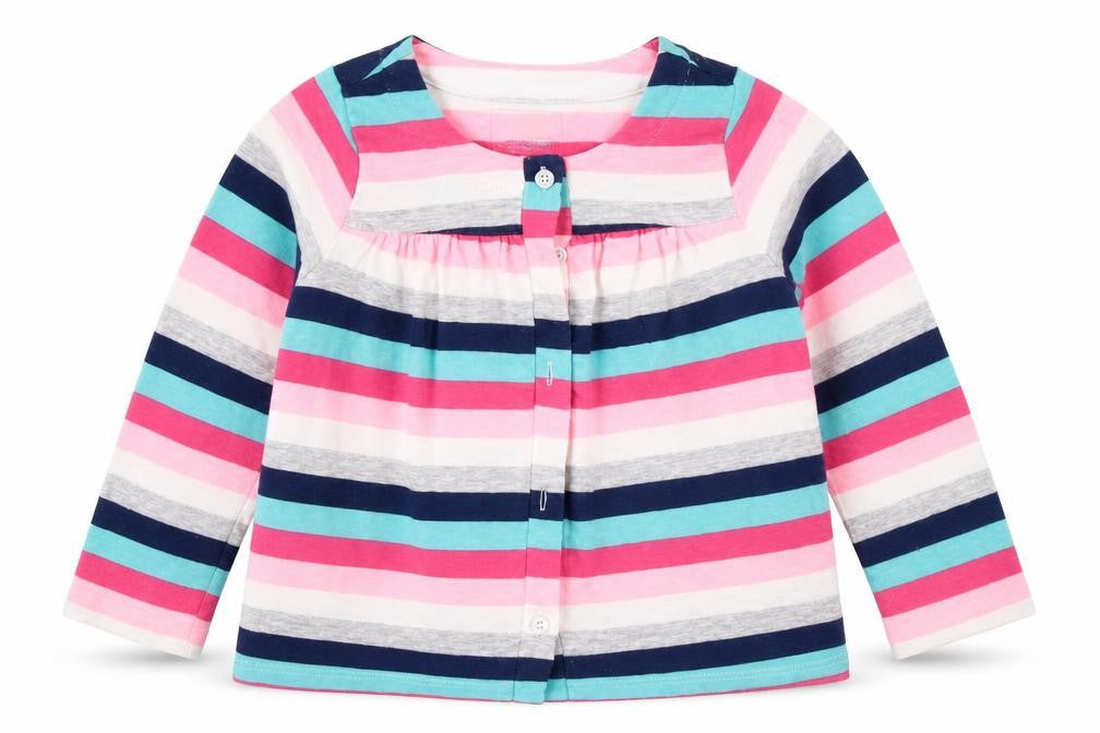 Front view of Gap girls’ pink striped cardigan jumper, size 3, years