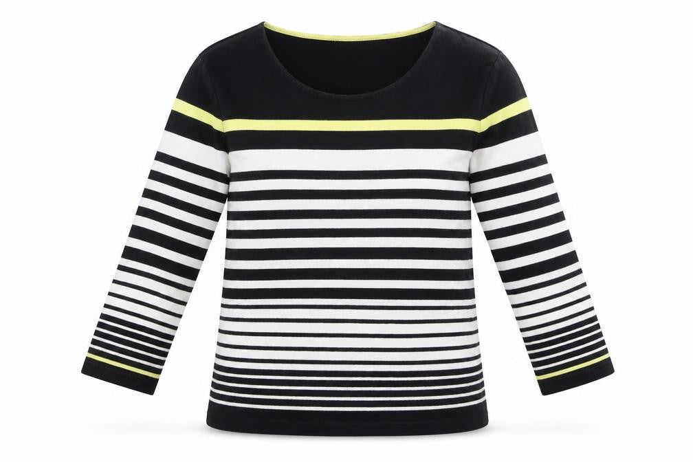 Front view of Country Casuals women’s black striped basic t-shirt, size S
