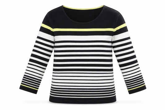 Front view of Country Casuals women’s black striped basic t-shirt, size S