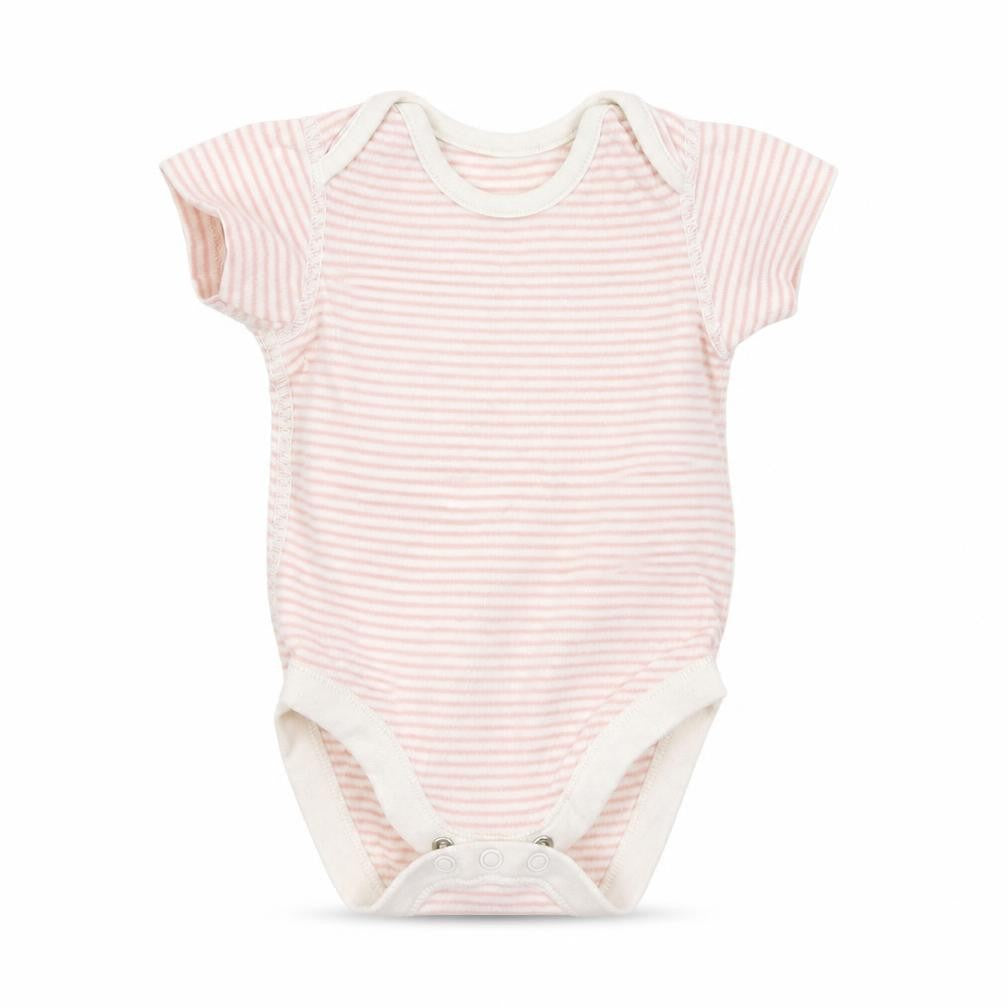 Front view of Marks & Spencer girls’ pink striped jersey babygrow one-piece, size 3-6, months