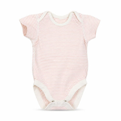 Front view of Marks & Spencer girls’ pink striped jersey babygrow one-piece, size 3-6, months