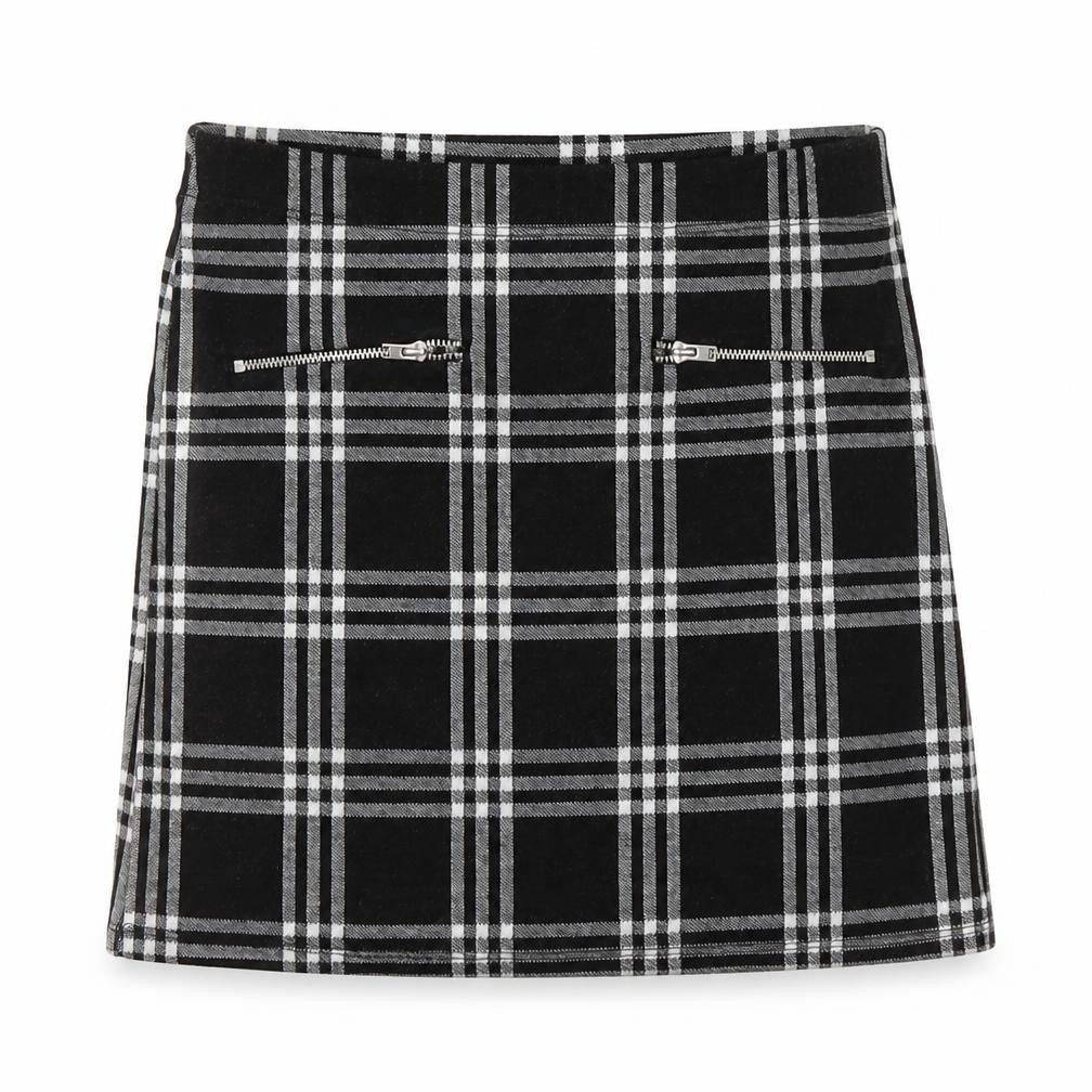 Front view of Miss E-vie girls’ black check jersey a-line skirt, size 10-11, years