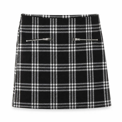 Front view of Miss E-vie girls’ black check jersey a-line skirt, size 10-11, years
