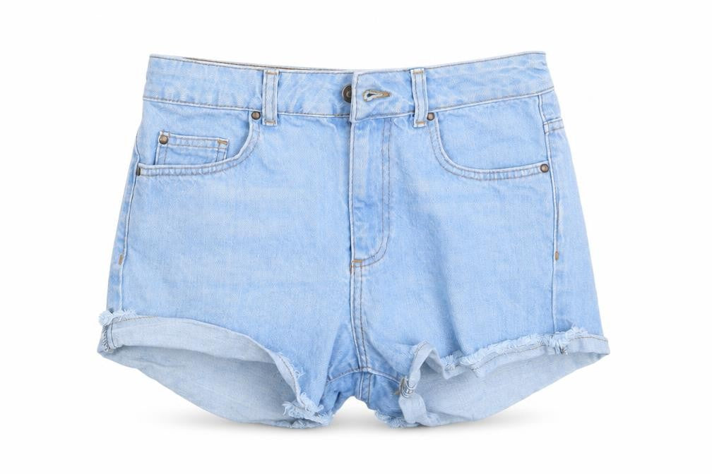 Front view of Topsh women’s blue denim hot pants shorts, size UK 28, in