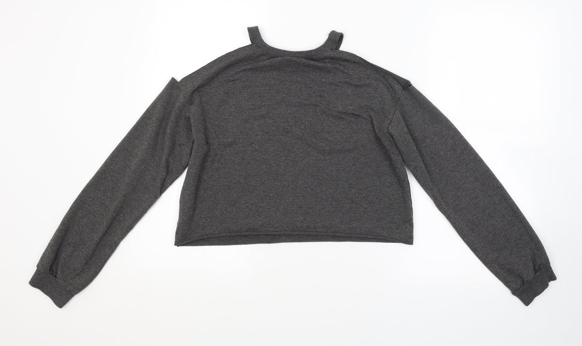 Back view of women’s grey pullover sweatshirt, size S