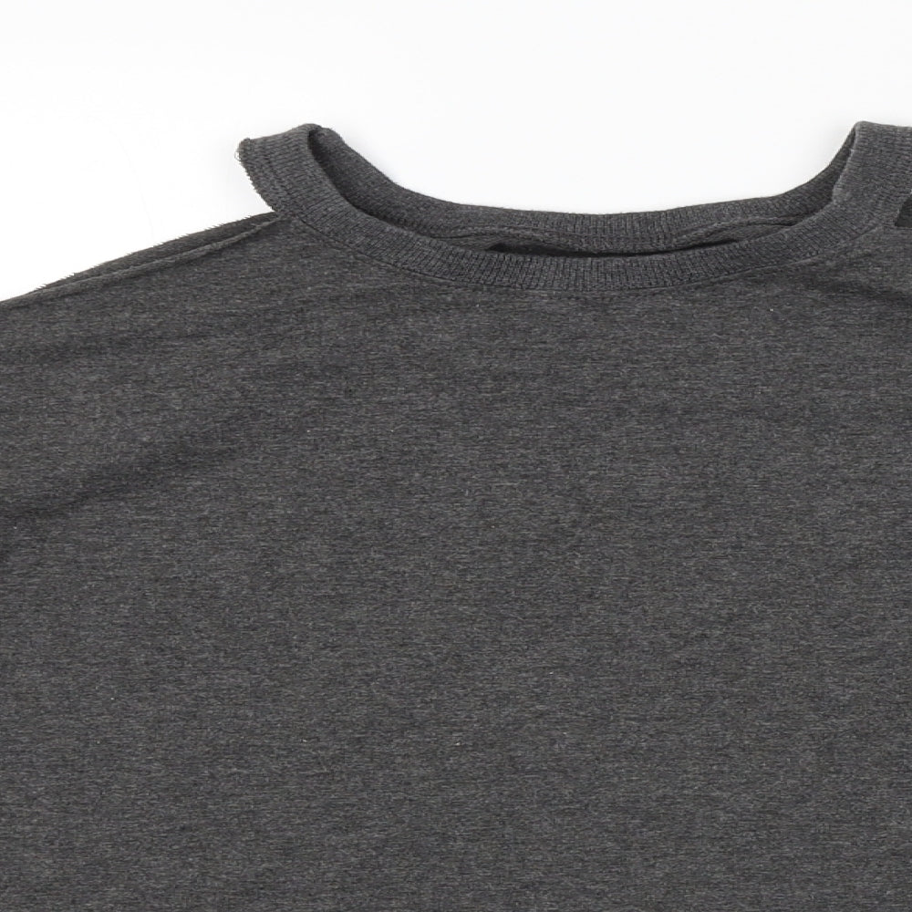 Close-up detail of women’s grey pullover sweatshirt, size S