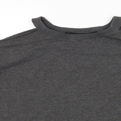 Close-up detail of women’s grey pullover sweatshirt, size S