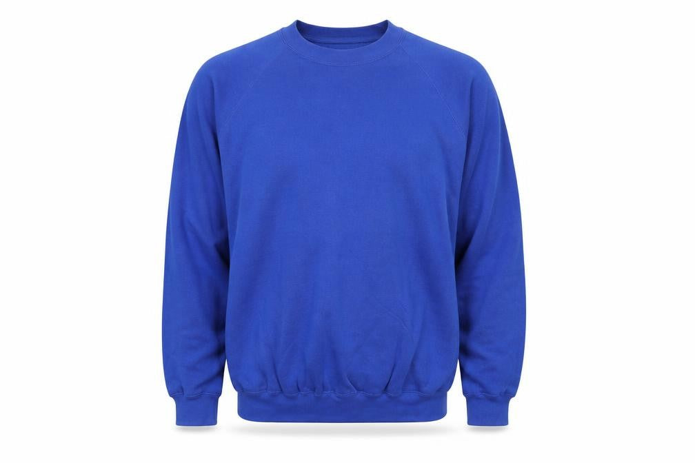 Front view of Kustom Kit men’s blue jumper, size M