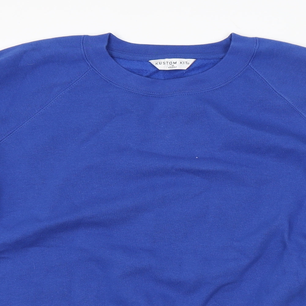 Close-up detail of Kustom Kit men’s blue jumper, size M