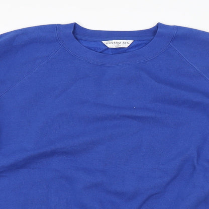 Close-up detail of Kustom Kit men’s blue jumper, size M