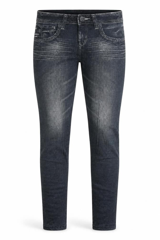 Front view of Preworn women’s blue jegging trousers, size L, 28-inch leg