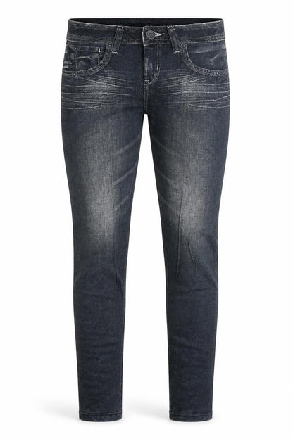 Front view of Preworn women’s blue jegging trousers, size L, 28-inch leg