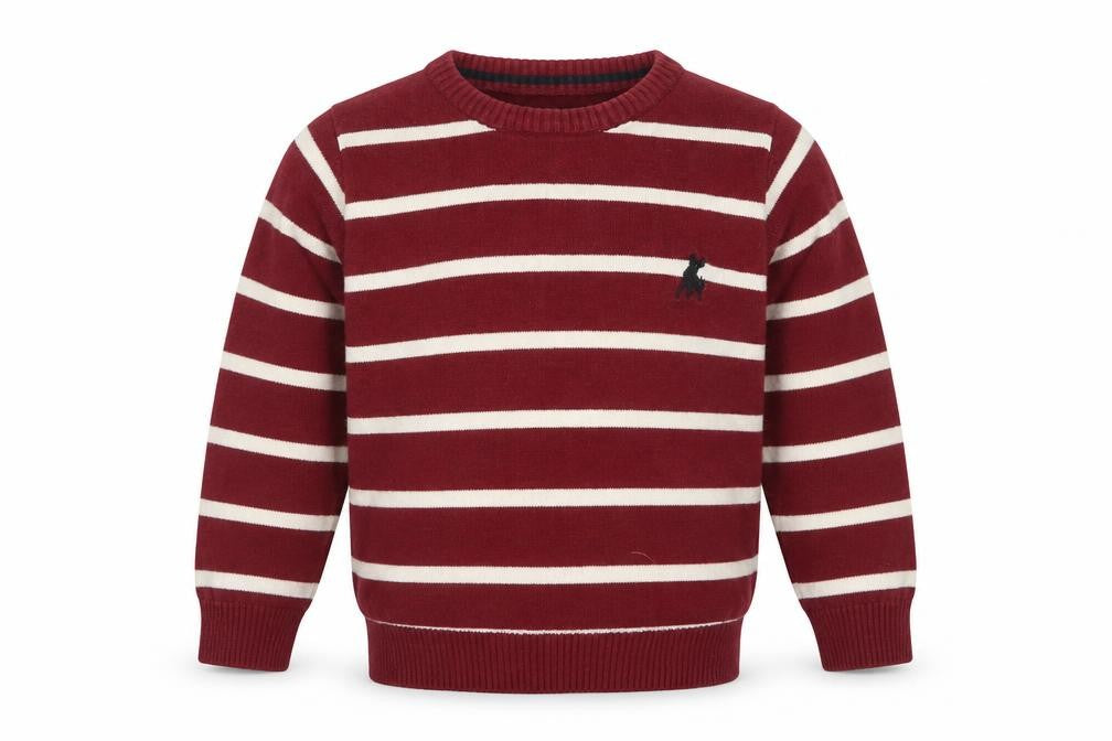 Front view of Primark boys’ multicoloured striped pullover sweatshirt, size 2-3, years