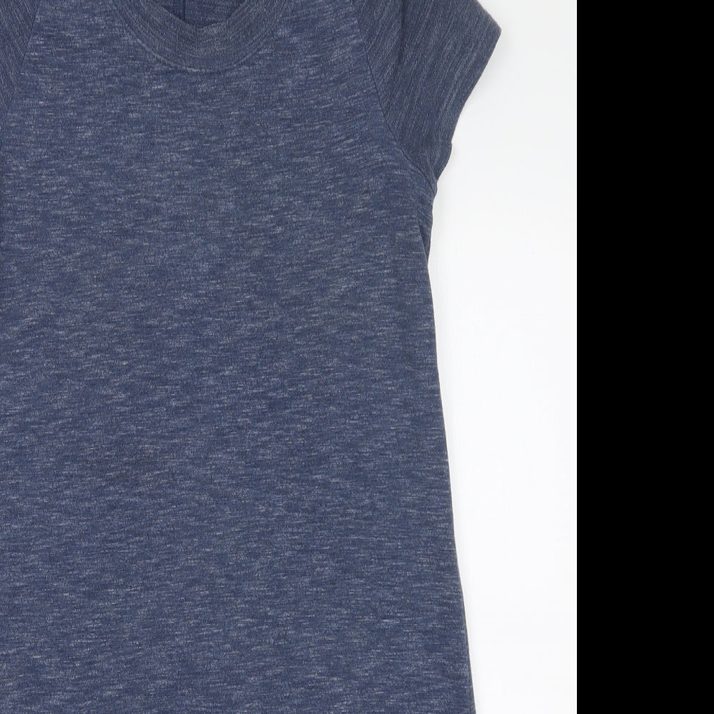 Close-up detail of AnyBody women’s blue basic t-shirt, size S