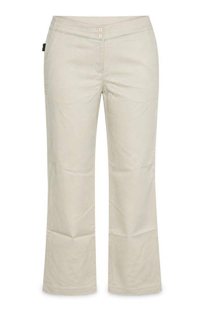 Front view of Moose Golf Clothing women’s beige chino trousers, size UK 10, 32-inch leg