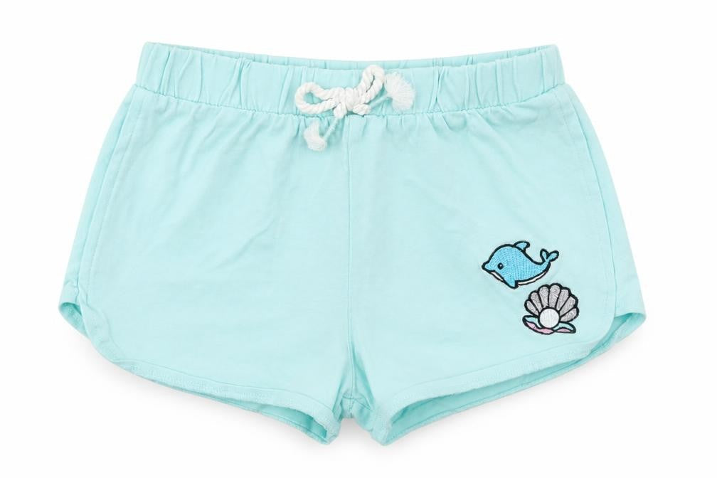 Front view of Tu boys’ green sweat shorts, size 6, years - dolphin