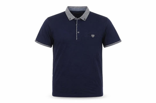 Front view of awc85 men’s blue polo, size M