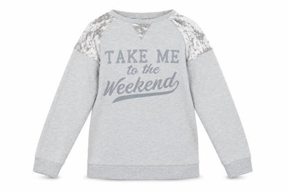 Front view of Peacocks women’s grey pullover sweatshirt, size UK 10, - take me to the weekend