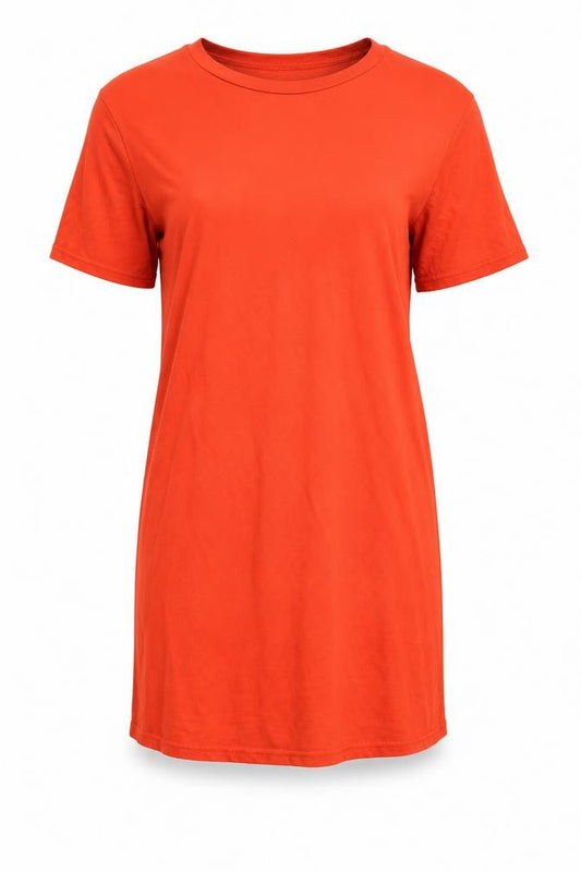 Front view of women’s orange t-shirt dress, size UK 4
