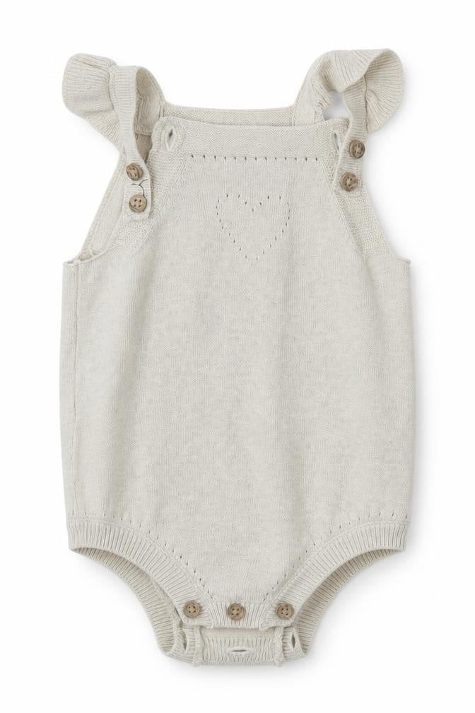 Front view of Tu Baby Beige Dungaree One-Piece, size 0-3, Months