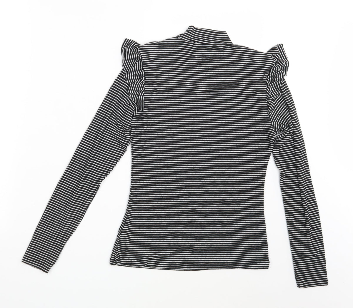 Back view of Primark women’s black striped pullover sweatshirt, size UK 8