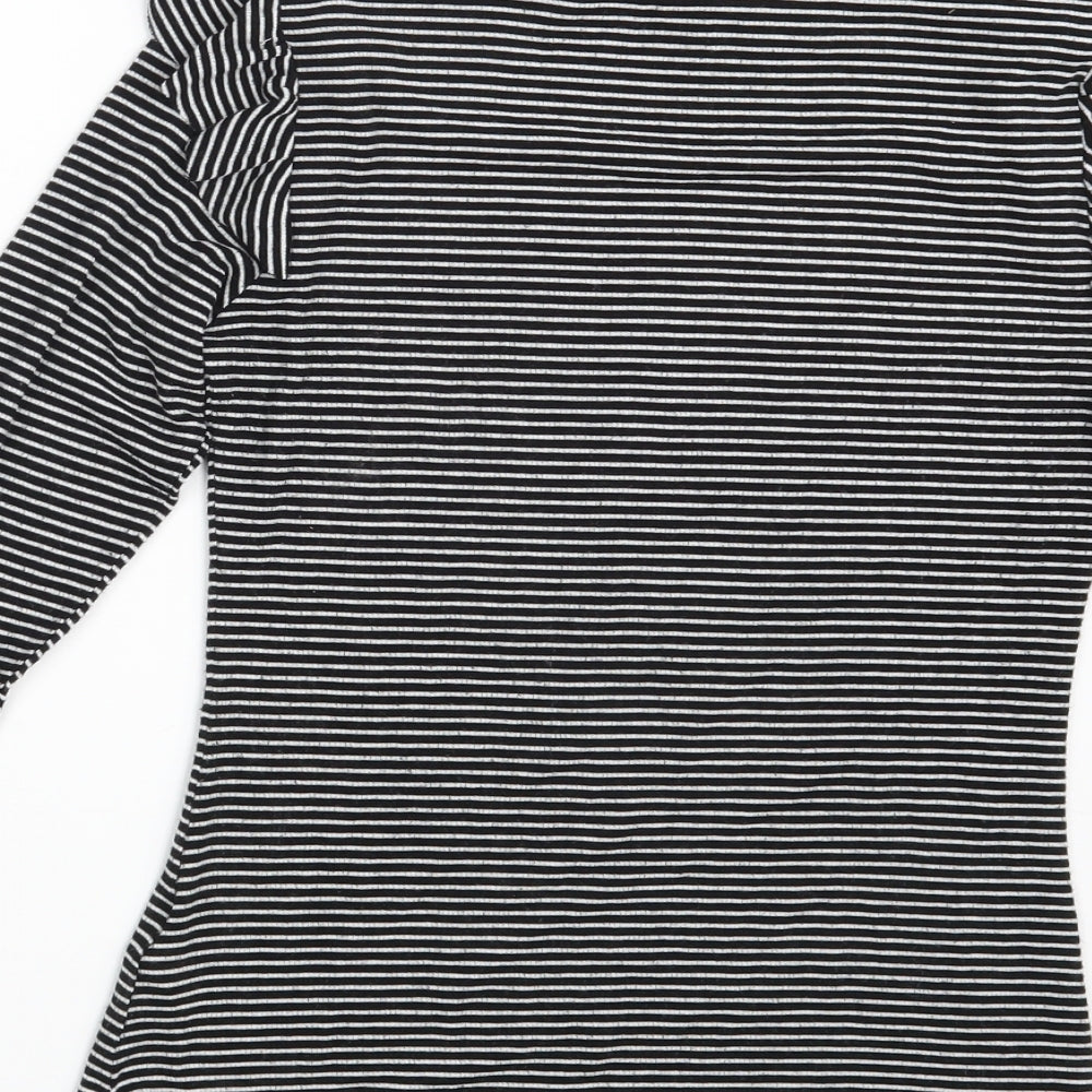 Brand and care label for Primark women’s black striped pullover sweatshirt, size UK 8