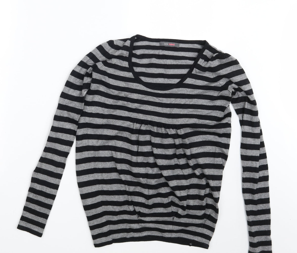 Additional front view of Love Label women’s grey striped pullover sweatshirt, size UK 8