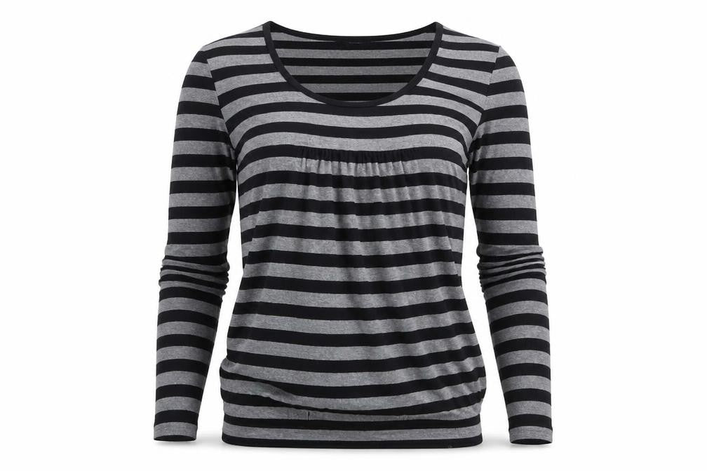 Front view of Love Label women’s grey striped pullover sweatshirt, size UK 8