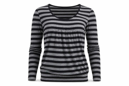 Front view of Love Label women’s grey striped pullover sweatshirt, size UK 8