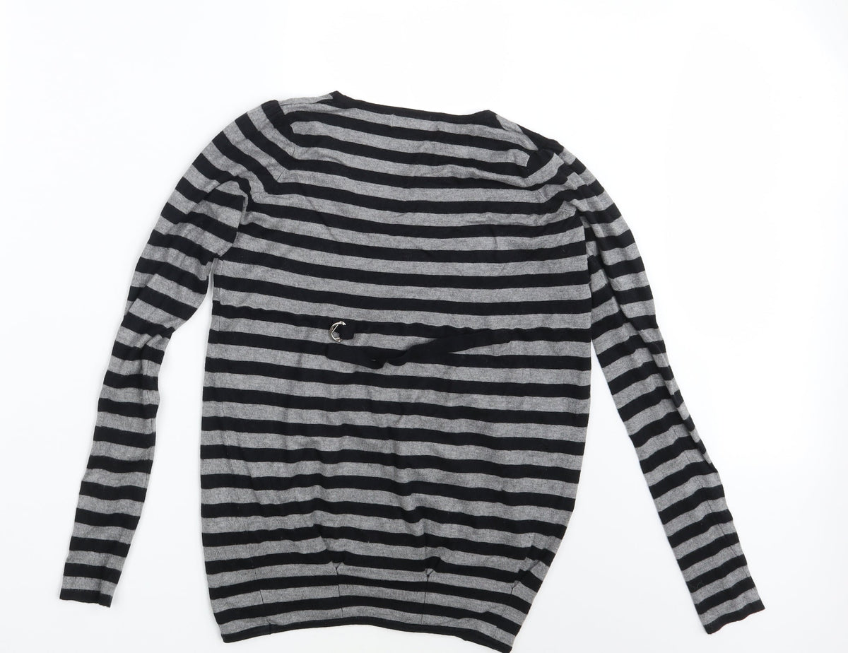 Back view of Love Label women’s grey striped pullover sweatshirt, size UK 8