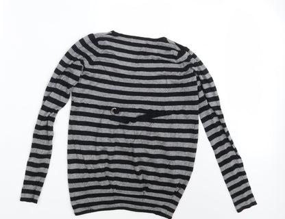 Back view of Love Label women’s grey striped pullover sweatshirt, size UK 8