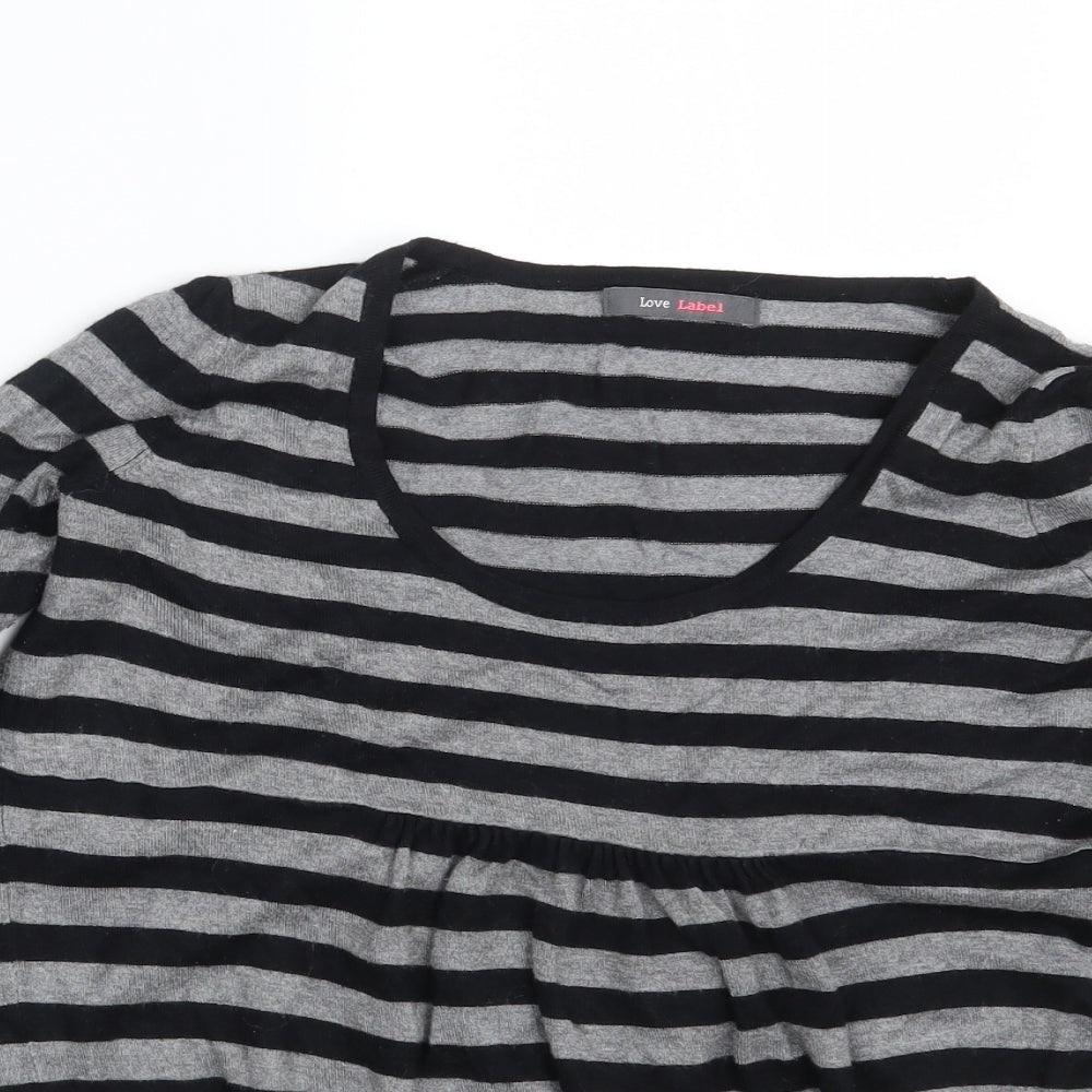Close-up detail of Love Label women’s grey striped pullover sweatshirt, size UK 8