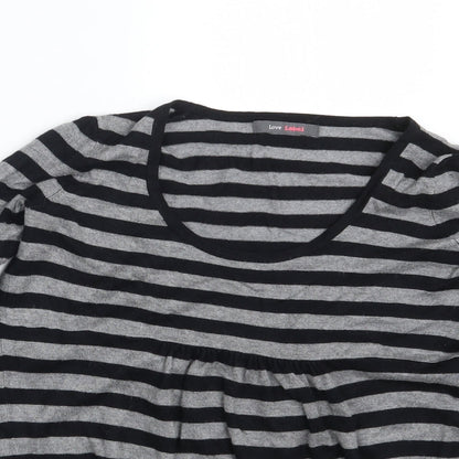 Close-up detail of Love Label women’s grey striped pullover sweatshirt, size UK 8