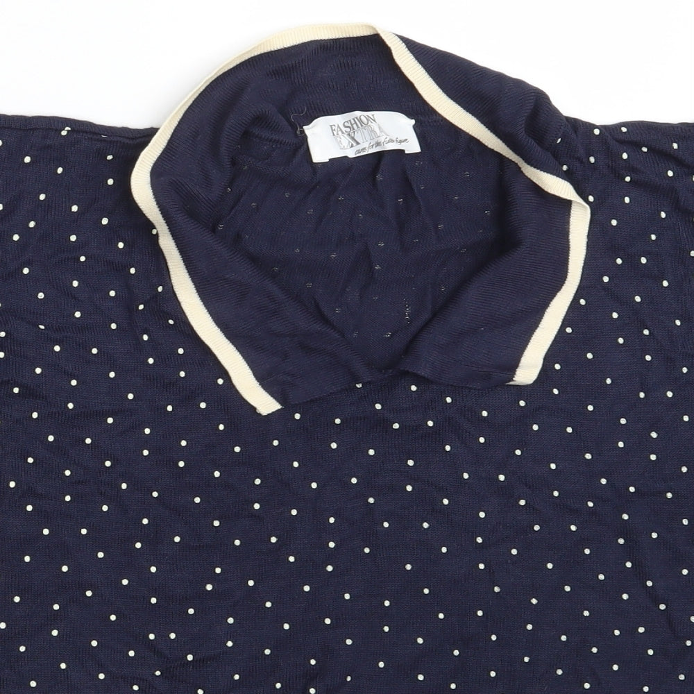 Close-up detail of Fashion Extra women’s blue polka dot pullover sweatshirt, size UK 14